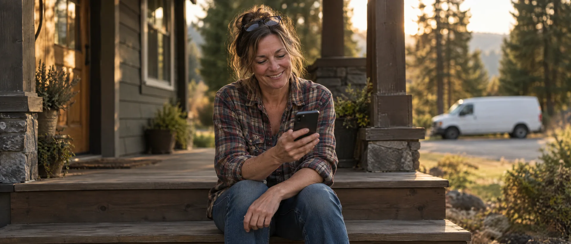 A woman on her front porch steps, smiling at a text on her phone after a service visit.